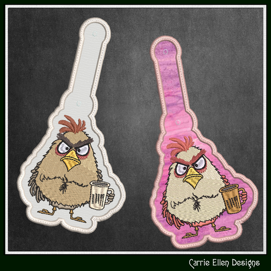 Grumpy Bird ITH Key Fob Machine Embroidery Design | Coffee Loving Bird with Attitude In-The-Hoop Key Tag  (3453)