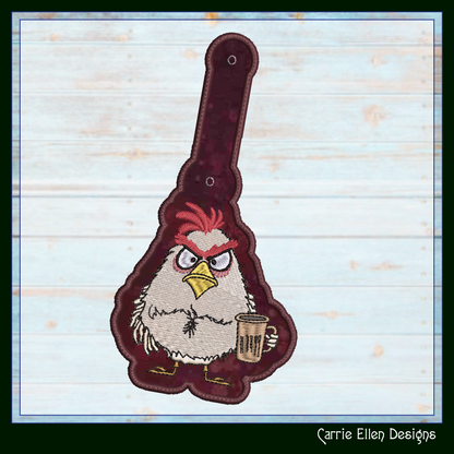 Grumpy Bird ITH Key Fob Machine Embroidery Design | Coffee Loving Bird with Attitude In-The-Hoop Key Tag  (3453)