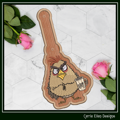 Grumpy Bird ITH Key Fob Machine Embroidery Design | Coffee Loving Bird with Attitude In-The-Hoop Key Tag  (3453)