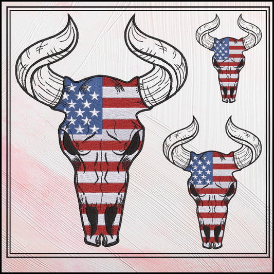 Patriotic Long Horned Skull Machine Embroidery Design – American Western Skull Pattern, 6 Sizes (3464)