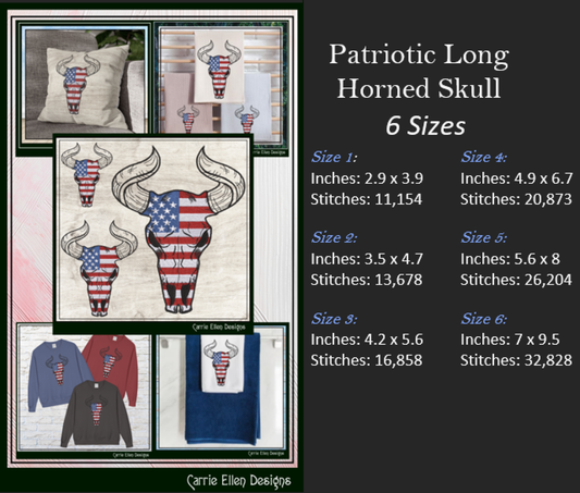 Patriotic Long Horned Skull Machine Embroidery Design – American Western Skull Pattern, 6 Sizes (3464)