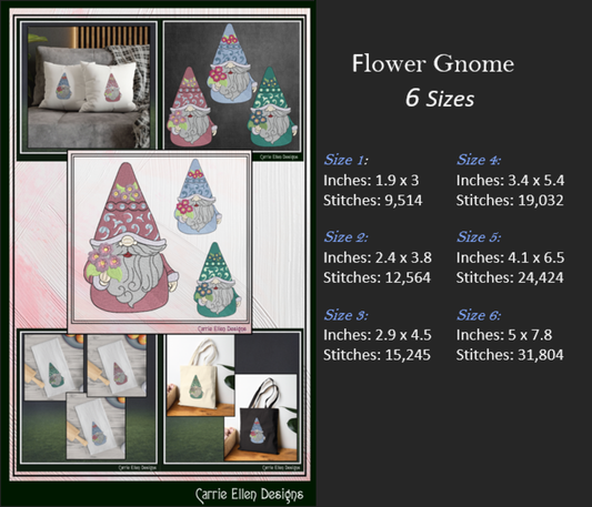 Flower Loving Gnome Machine Embroidery Design, Flowers Garden Gnome Pattern, 6 Sizes (3491)