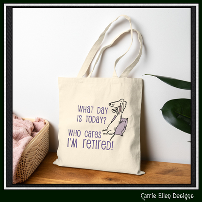 Who Cares Im Retired – Snarky Machine Embroidery Design Saying | Funny Retirement Saying with Dog, 6 Sizes (3495)