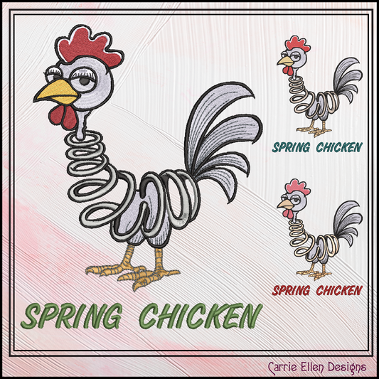 Spring Chicken Idiom Machine Embroidery Design – Adult Aging Humor, Funny Cartoon Chicken with Spring Body, 6 Sizes (3501)