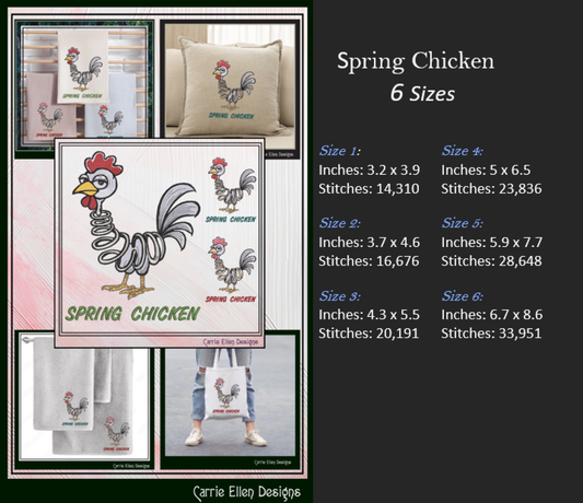 Spring Chicken Idiom Machine Embroidery Design – Adult Aging Humor, Funny Cartoon Chicken with Spring Body, 6 Sizes (3501)