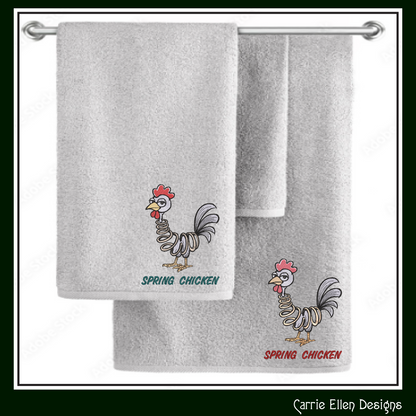 Spring Chicken Idiom Machine Embroidery Design – Adult Aging Humor, Funny Cartoon Chicken with Spring Body, 6 Sizes (3501)
