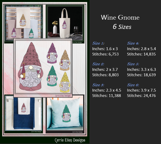 Wine Loving Gnome Machine Embroidery Design – Party Themed Gnome Pattern, 6 Sizes (3517)