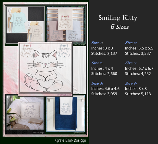 Meditating Smiling Kitty Embroidery Design | Zen Cat Machine Stitch Pattern, 6 Sizes,(3547)