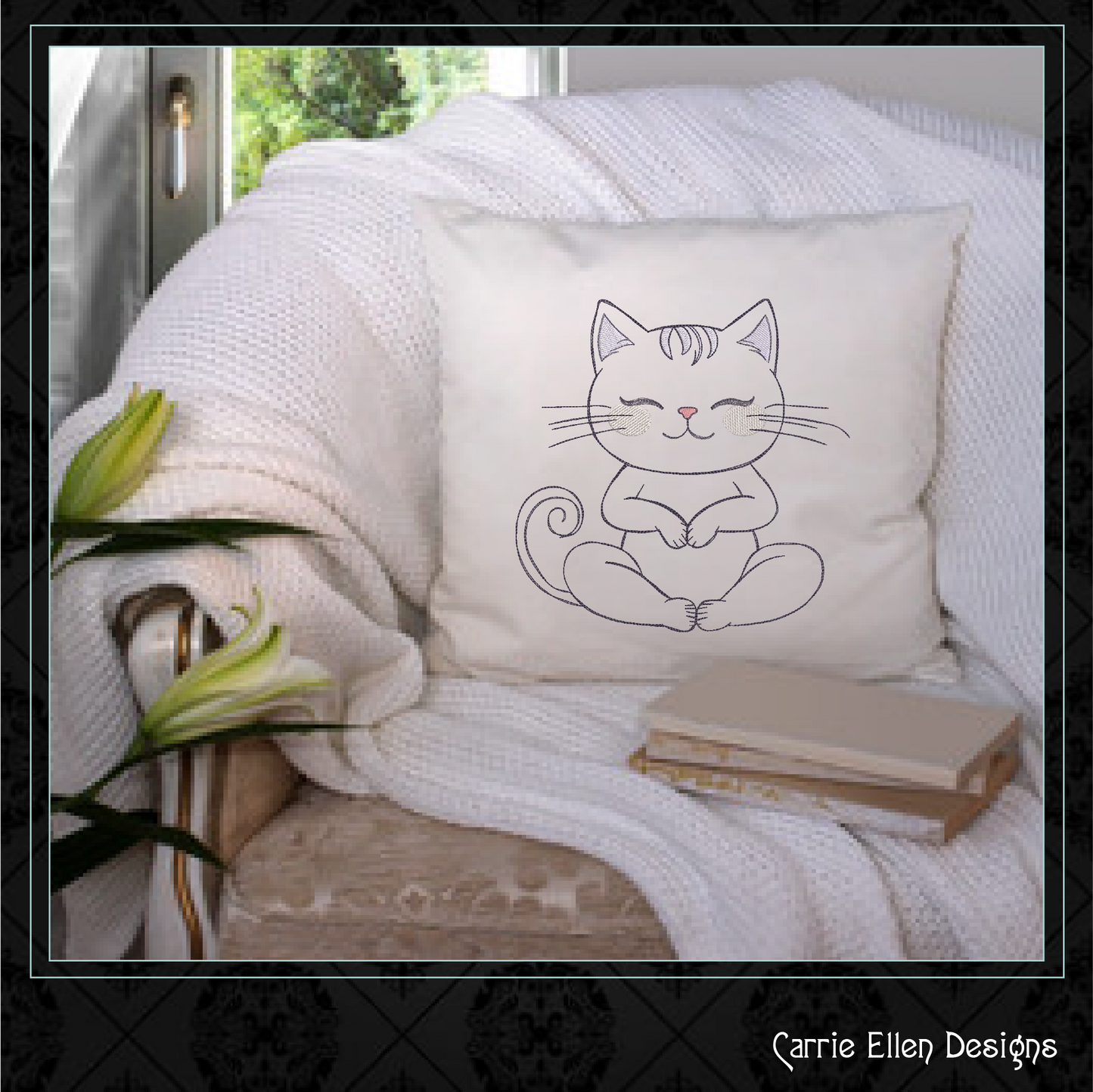 Meditating Smiling Kitty Embroidery Design | Zen Cat Machine Stitch Pattern, 6 Sizes,(3547)