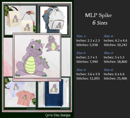 MLP Spike Machine Embroidery Design | My Little Pony Inspired Dragon Character, 6 Sizes (3561)