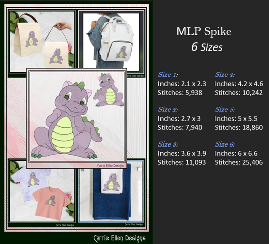 MLP Spike Machine Embroidery Design | My Little Pony Inspired Dragon Character, 6 Sizes (3561)