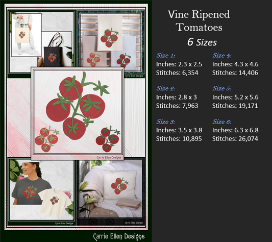 Vine Ripened Tomato Machine Embroidery Design – Fresh Garden Vegetable Pattern, 6 Sizes (3565)