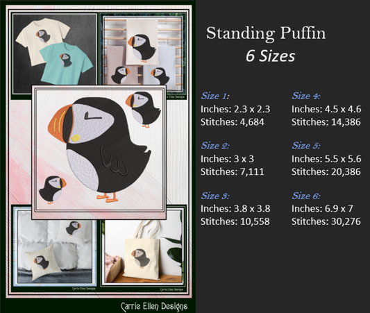 Puffin Bird Standing Machine Embroidery Design – Seabird Wildlife Pattern, 6 Sizes (3632)