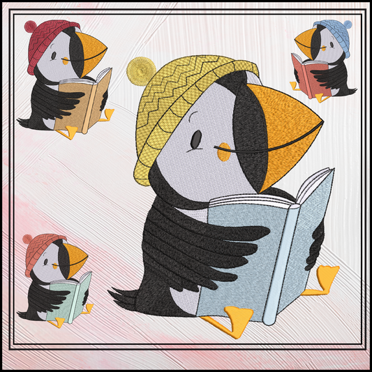 Puffin Bird Reading Machine Embroidery Design – Cute Book Lover Seabird Pattern, 6 Sizes (3633)