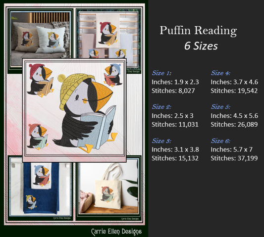 Puffin Bird Reading Machine Embroidery Design – Cute Book Lover Seabird Pattern, 6 Sizes (3633)