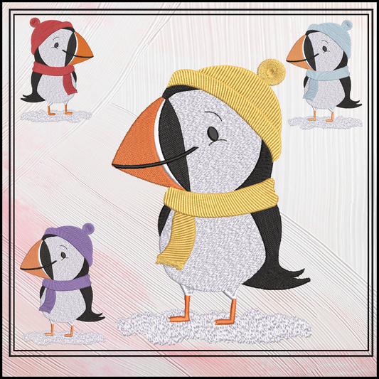 Puffin Bird Dresses for Winter Machine Embroidery Design – Cute Seabird in Winter Clothes, 6 Sizes (3634)