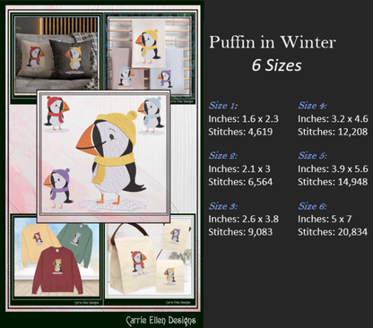Puffin Bird Dresses for Winter Machine Embroidery Design – Cute Seabird in Winter Clothes, 6 Sizes (3634)