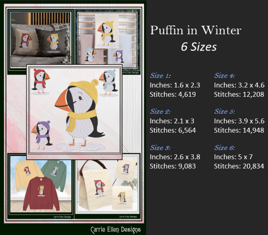 Puffin Bird Dresses for Winter Machine Embroidery Design – Cute Seabird in Winter Clothes, 6 Sizes (3634)