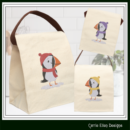Puffin Bird Dresses for Winter Machine Embroidery Design – Cute Seabird in Winter Clothes, 6 Sizes (3634)