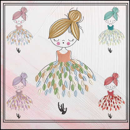 Dancing Ballerina with Dress of Leaves Machine Embroidery Design – Elegant Ballet Silhouette Pattern, 6 Sizes (3636)
