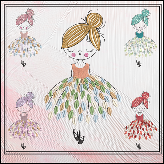 Dancing Ballerina with Dress of Leaves Machine Embroidery Design – Elegant Ballet Silhouette Pattern, 6 Sizes (3636)
