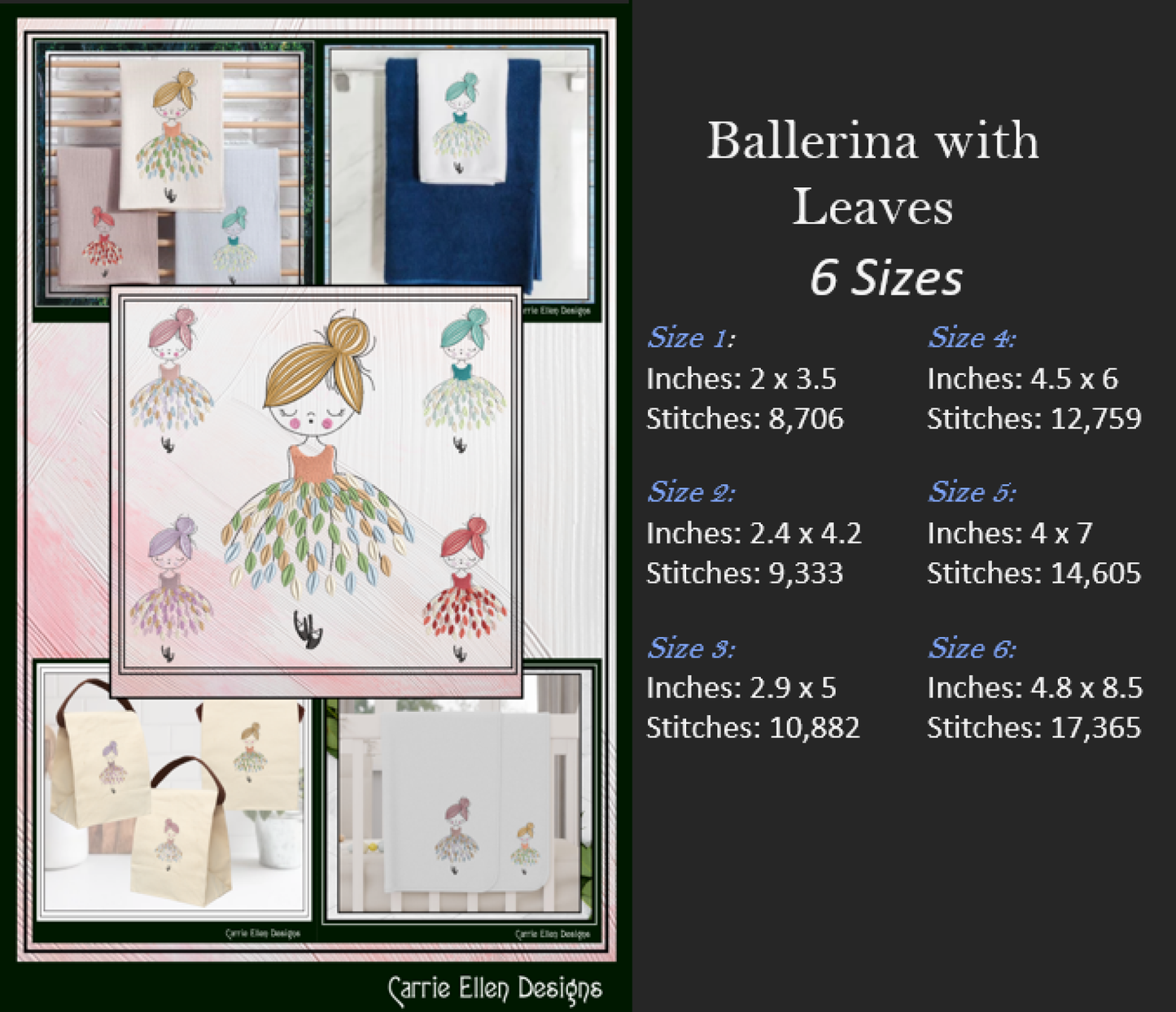 Dancing Ballerina with Dress of Leaves Machine Embroidery Design – Elegant Ballet Silhouette Pattern, 6 Sizes (3636)