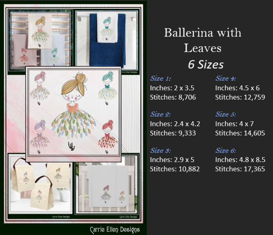 Dancing Ballerina with Dress of Leaves Machine Embroidery Design – Elegant Ballet Silhouette Pattern, 6 Sizes (3636)