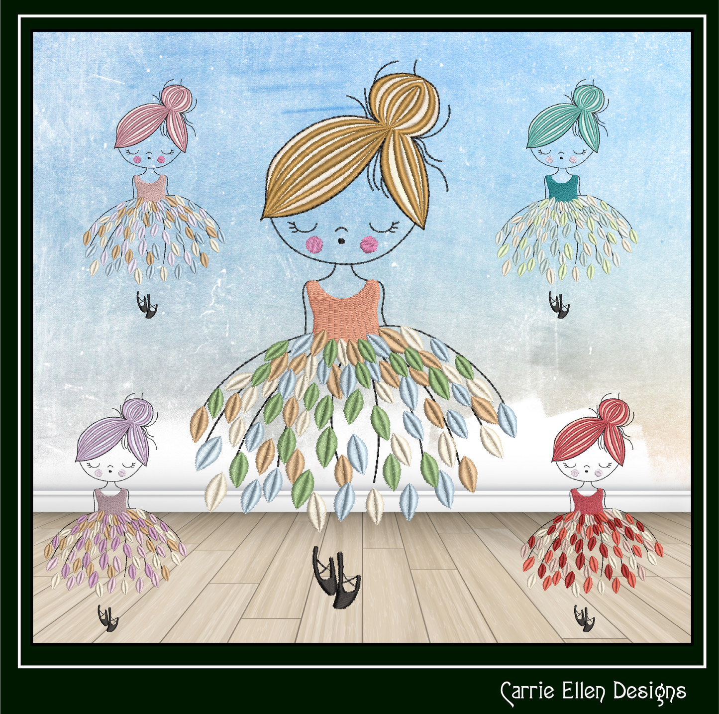 Dancing Ballerina with Dress of Leaves Machine Embroidery Design – Elegant Ballet Silhouette Pattern, 6 Sizes (3636)