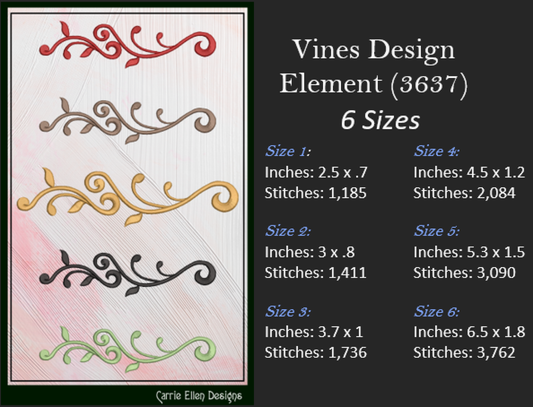 Vine Design Elements Machine Embroidery Design Bundle – 9 Individual Patterns, 6 Sizes Each (3646)