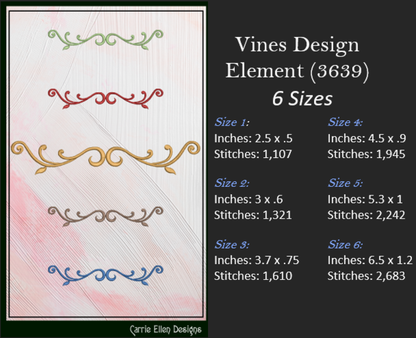Vine Design Elements Machine Embroidery Design Bundle – 9 Individual Patterns, 6 Sizes Each (3646)