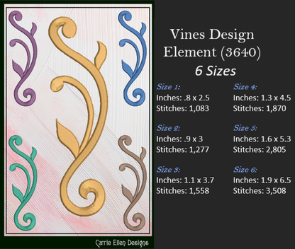 Vine Design Elements Machine Embroidery Design Bundle – 9 Individual Patterns, 6 Sizes Each (3646)