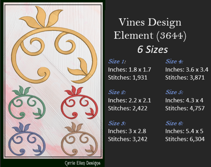 Vine Design Elements Machine Embroidery Design Bundle – 9 Individual Patterns, 6 Sizes Each (3646)