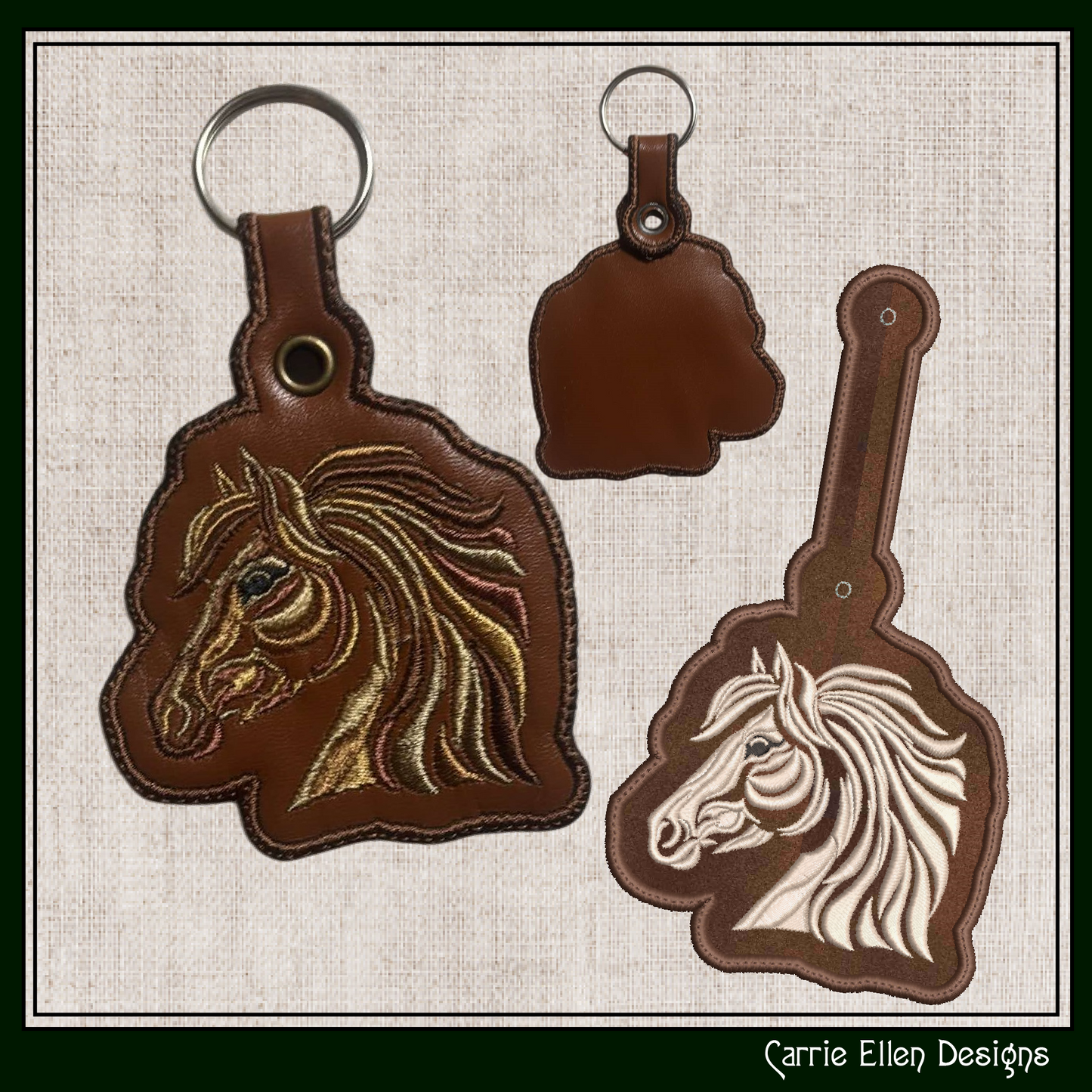 Artistic Horse Head In The Hoop Key Fob Machine Embroidery Design | Equestrian ITH Keychain | Horse Lover Gift (3647)
