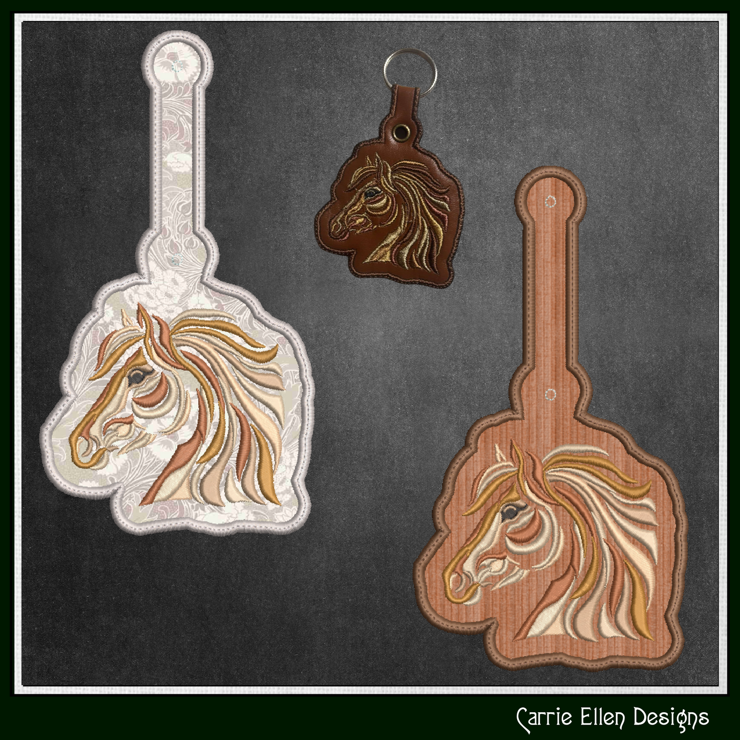 Artistic Horse Head In The Hoop Key Fob Machine Embroidery Design | Equestrian ITH Keychain | Horse Lover Gift (3647)