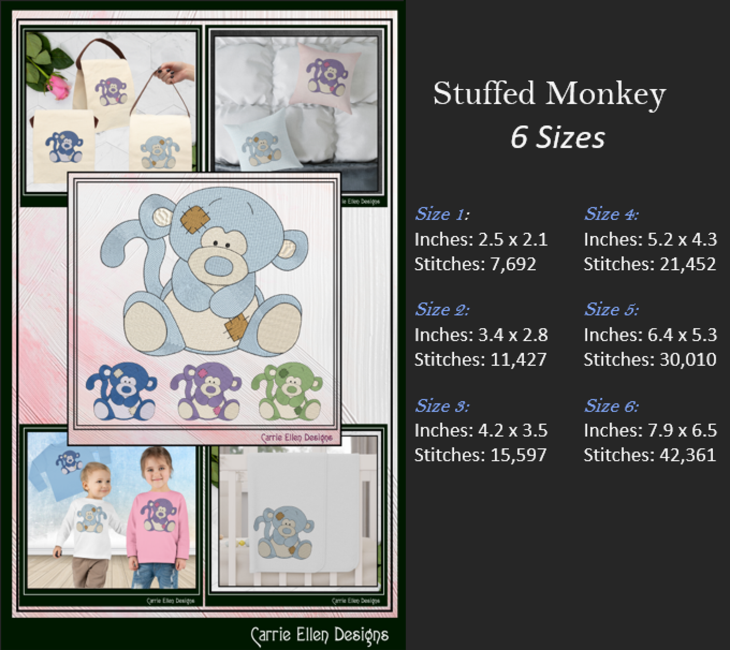 Blue Nose Monkey Embroidery Design | Cute Plush Monkey Machine Embroidery Pattern | 6 Sizes (3649)