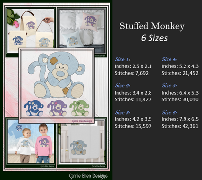 Blue Nose Monkey Embroidery Design | Cute Plush Monkey Machine Embroidery Pattern | 6 Sizes (3649)