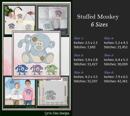Blue Nose Monkey Embroidery Design | Cute Plush Monkey Machine Embroidery Pattern | 6 Sizes (3649)