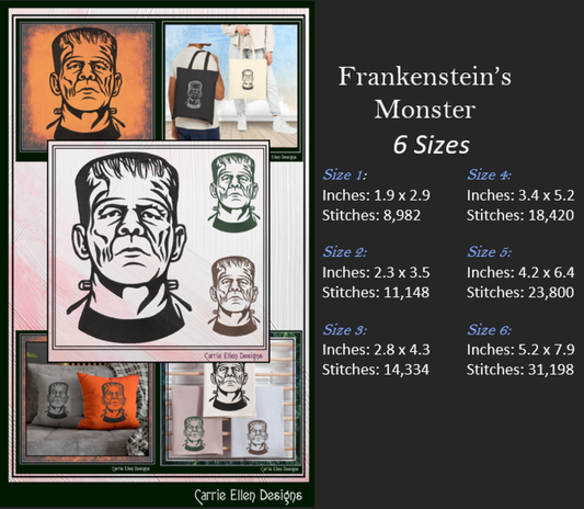 Frankenstein’s Monster Machine Embroidery Profile Design | Classic Horror Halloween Pattern, 6 Sizes (3655)