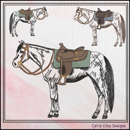 Horse with Saddle Machine Embroidery Sketch Design | Equestrian-Inspired Pattern, 6 Sizes (3662)