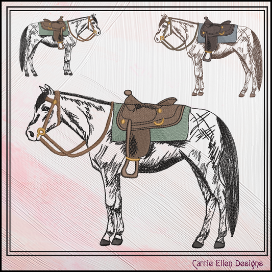 Horse with Saddle Machine Embroidery Sketch Design | Equestrian-Inspired Pattern, 6 Sizes (3662)