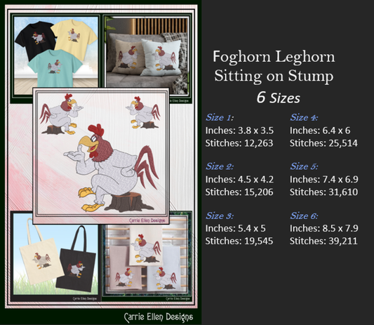 Cartoon Rooster Sitting on a Stump Machine Embroidery Design | Foghorn Leghorn Inspired, 6 Sizes (3676)