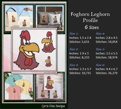 Cartoon Rooster Profile Head Machine Embroidery Design | Foghorn Leghorn Inspired Farm Animal Pattern, 6 Sizes (3677)