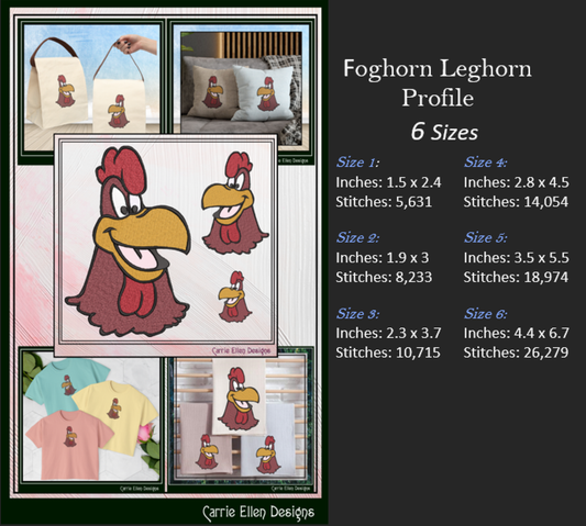 Cartoon Rooster Profile Head Machine Embroidery Design | Foghorn Leghorn Inspired Farm Animal Pattern, 6 Sizes (3677)