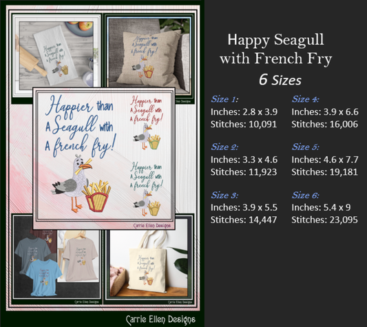 Happy Seagull with French Fry Machine Embroidery Design | Snarky Seaside Bird Saying, 6 Sizes (3688)