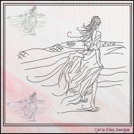 Windy Beach Walk Sketch Embroidery Design | Coastal Line Art Machine Stitch Pattern | 6 Sizes (3695)