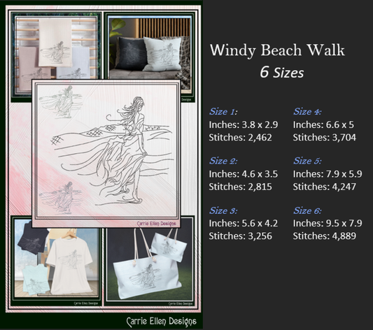 Windy Beach Walk Sketch Embroidery Design | Coastal Line Art Machine Stitch Pattern | 6 Sizes (3695)