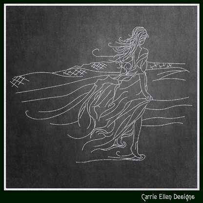 Windy Beach Walk Sketch Embroidery Design | Coastal Line Art Machine Stitch Pattern | 6 Sizes (3695)