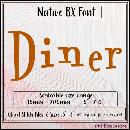 Diner BX Fonts and Lettering Stitch Files, Retro Casual Block Alphabet Machine Embroidery (3704)