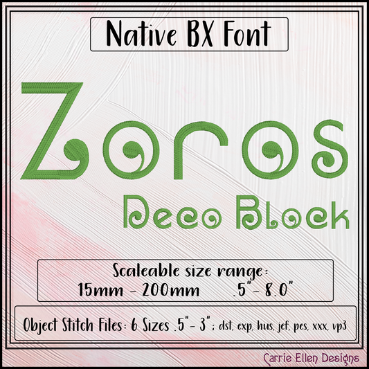Zoros BX Fonts and Lettering Stitch Files, Modern Deco Alphabet Machine Embroidery (3707)