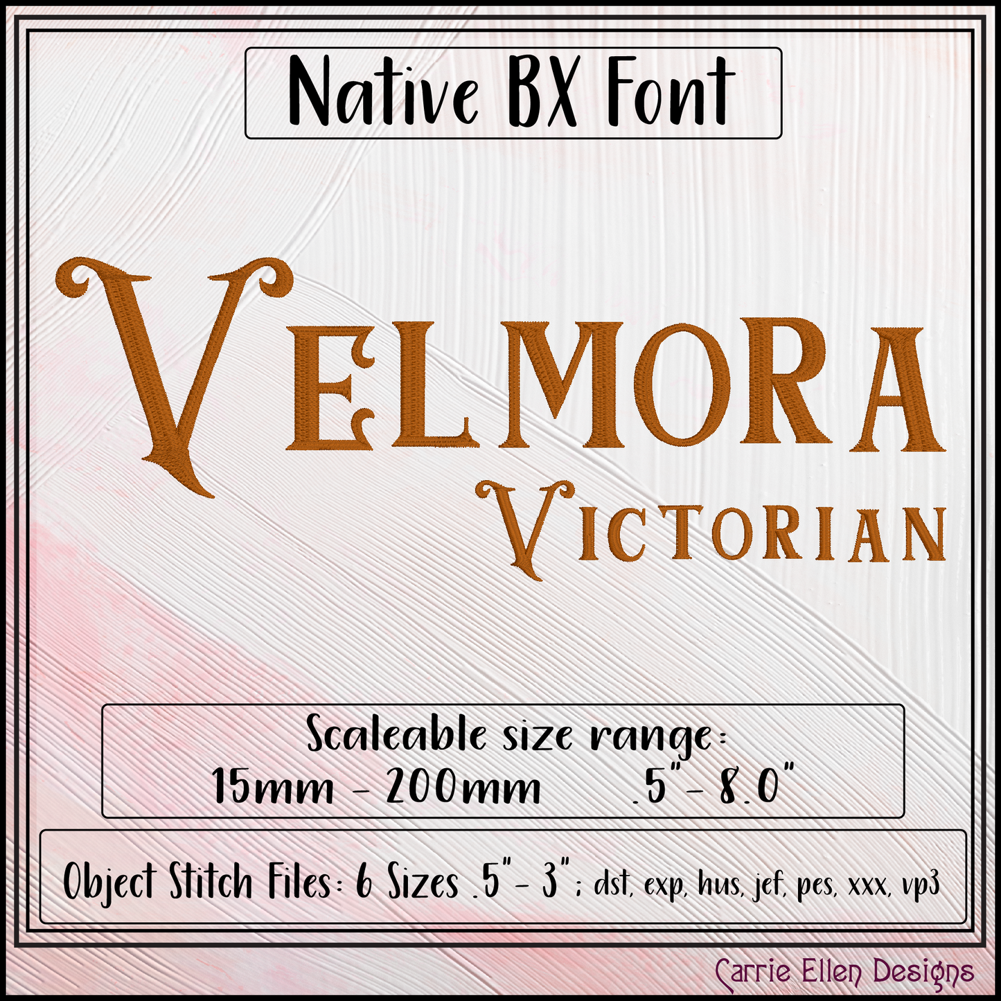 Velmora BX Fonts and Lettering Stitch Files, Victorian Deco Alphabet Machine Embroidery (3708)